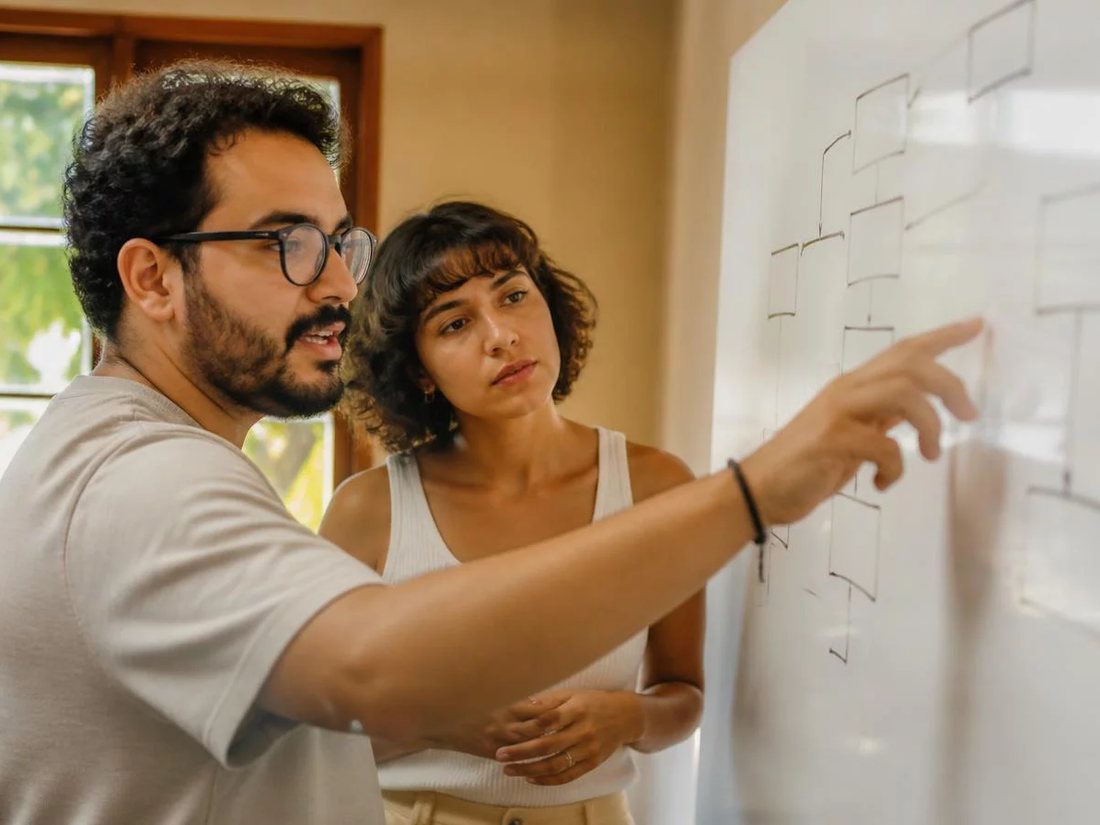 Duas pessoas diante do quadro branco com a armação de um argumento rabiscada