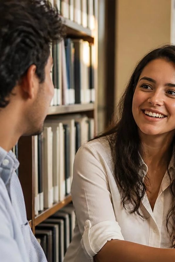 Duas participantes de pé conversando no corredor entre prateleiras de livros